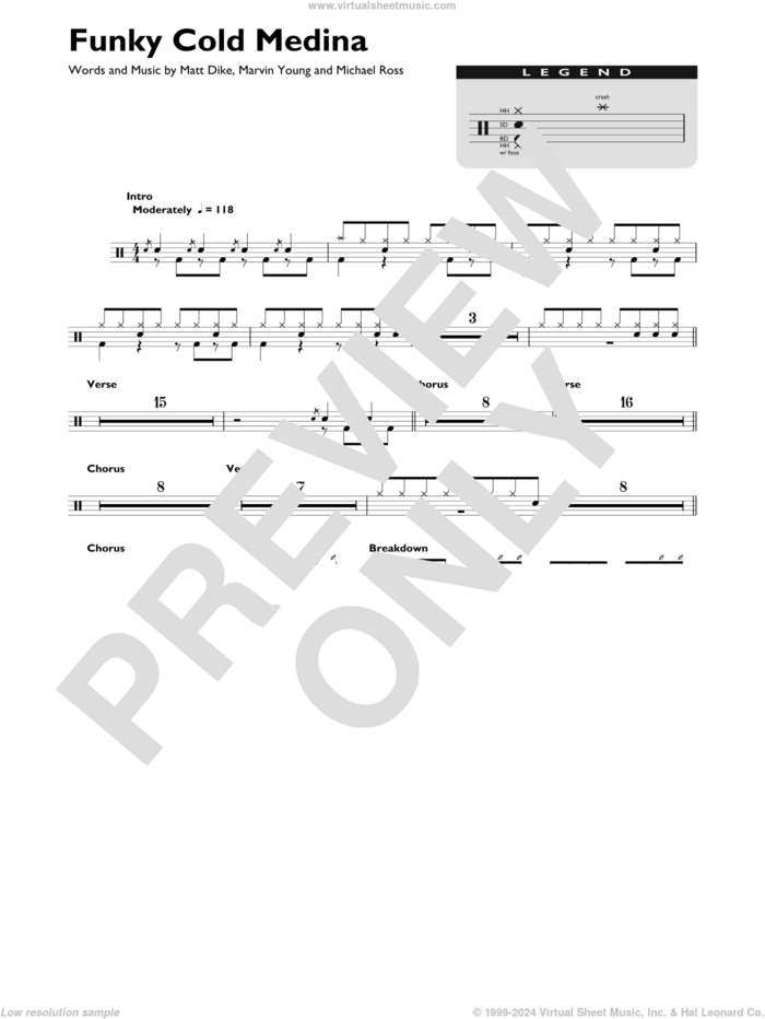 Funky Cold Medina sheet music for drums (percussions) by Tone Loc, Marvin Young, Matt Dike and Michael Ross, intermediate skill level