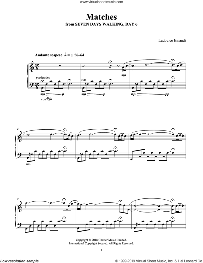 Matches (from Seven Days Walking: Day 6) sheet music for piano solo by Ludovico Einaudi, classical score, intermediate skill level