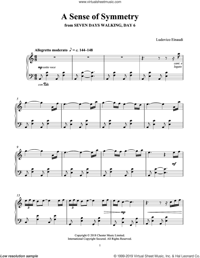A Sense Of Symmetry (from Seven Days Walking: Day 6) sheet music for piano solo by Ludovico Einaudi, classical score, intermediate skill level