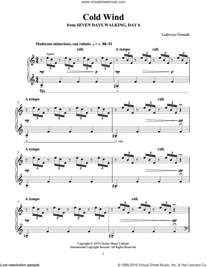 Cold Wind (from Seven Days Walking: Day 6) sheet music for piano solo by Ludovico Einaudi, classical score, intermediate skill level