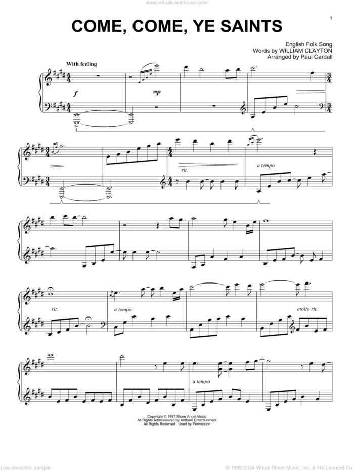 Come, Come, Ye Saints (arr. Paul Cardall) sheet music for piano solo by William Clayton, Paul Cardall and Miscellaneous, intermediate skill level