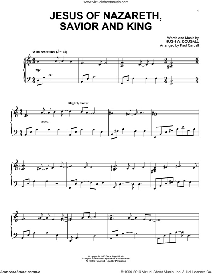 Jesus Of Nazareth, Savior And King (arr. Paul Cardall) sheet music for piano solo by Hugh W. Dougall and Paul Cardall, intermediate skill level