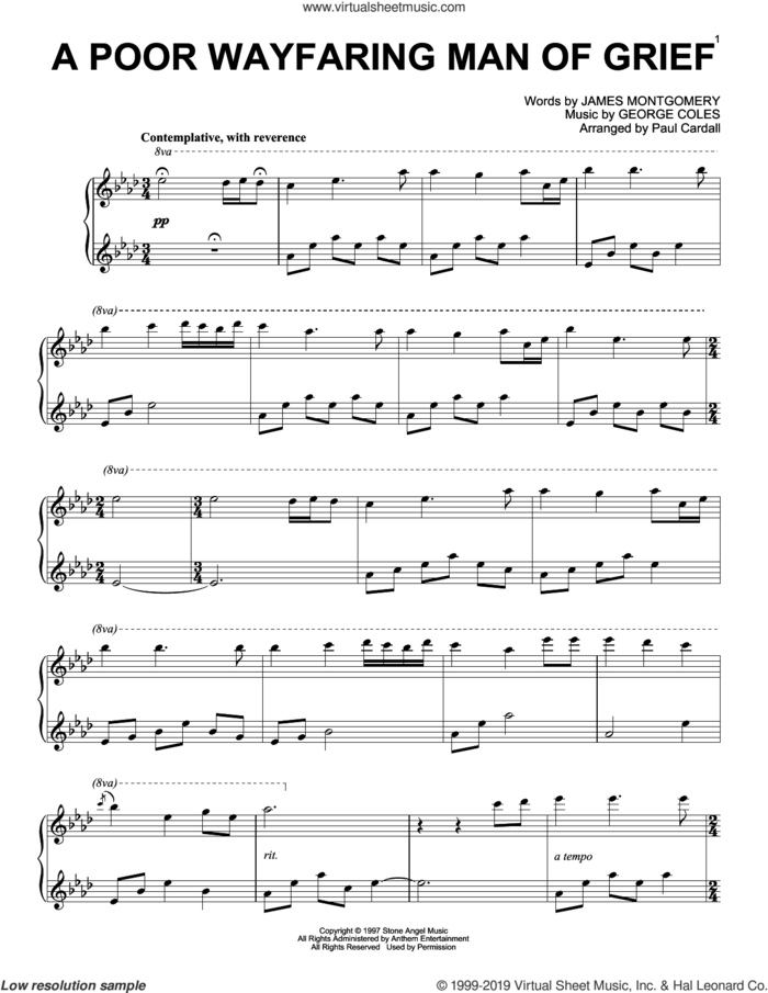 A Poor Wayfaring Man Of Grief (arr. Paul Cardall) sheet music for piano solo by James Montgomery, Paul Cardall and George Coles, intermediate skill level