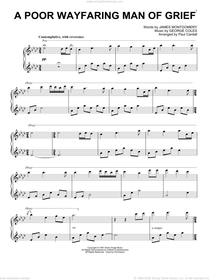 A Poor Wayfaring Man Of Grief (arr. Paul Cardall) sheet music for piano solo by James Montgomery, Paul Cardall and George Coles, intermediate skill level