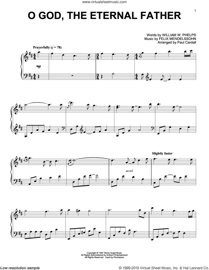 O God, The Eternal Father (arr. Paul Cardall) sheet music for piano solo by Felix Mendelssohn-Bartholdy, Paul Cardall and William W. Phelps, intermediate skill level