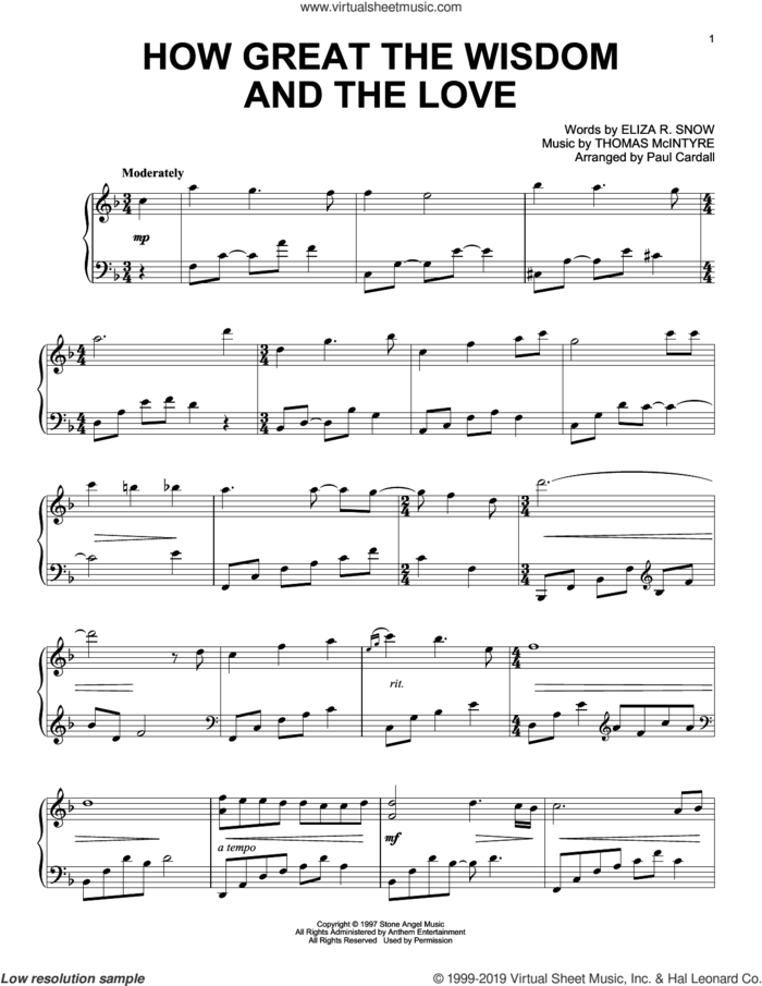 How Great The Wisdom And The Love (arr. Paul Cardall) sheet music for piano solo by Thomas McIntyre, Paul Cardall and Eliza R. Snow, intermediate skill level