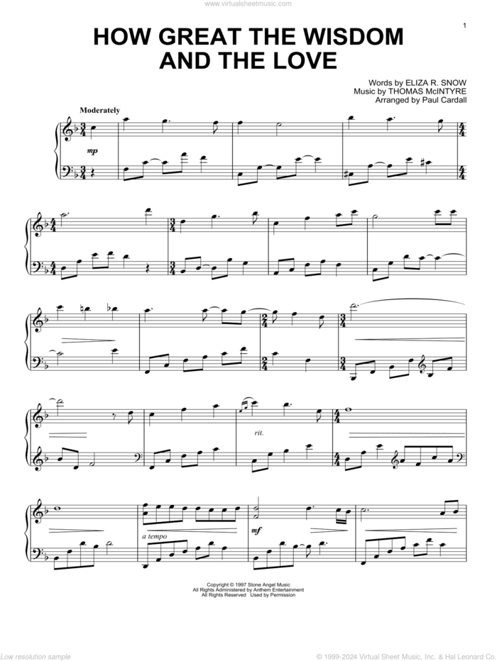 How Great The Wisdom And The Love (arr. Paul Cardall) sheet music for piano solo by Thomas McIntyre, Paul Cardall and Eliza R. Snow, intermediate skill level