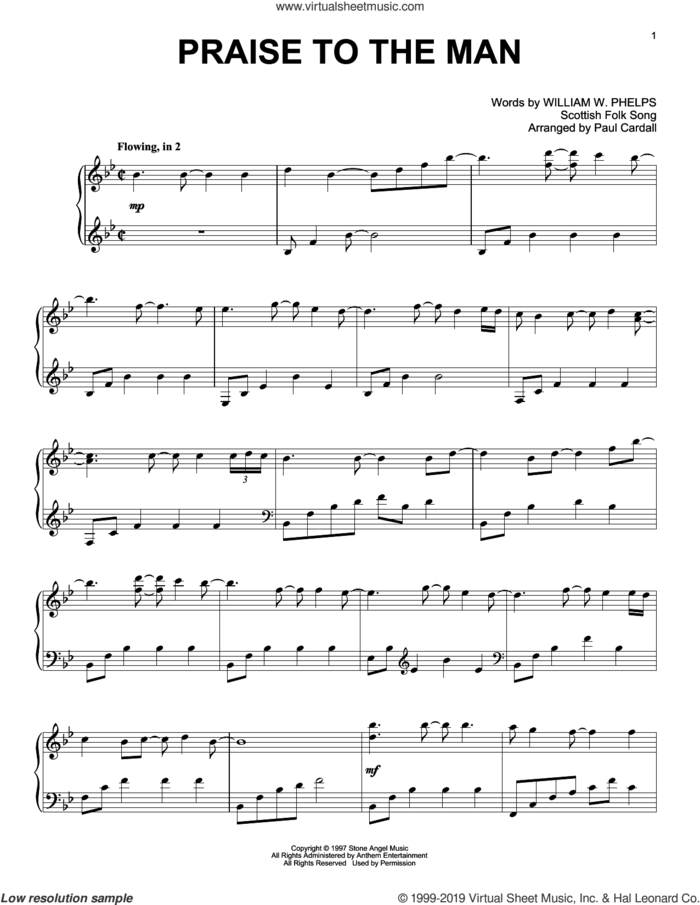 Praise To The Man (arr. Paul Cardall) sheet music for piano solo by Scottish Folk Song, Paul Cardall and William W. Phelps, intermediate skill level