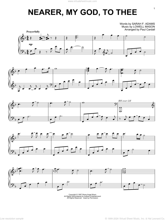 Nearer, My God, To Thee (arr. Paul Cardall) sheet music for piano solo by Lowell Mason, Paul Cardall and Sarah F. Adams, intermediate skill level