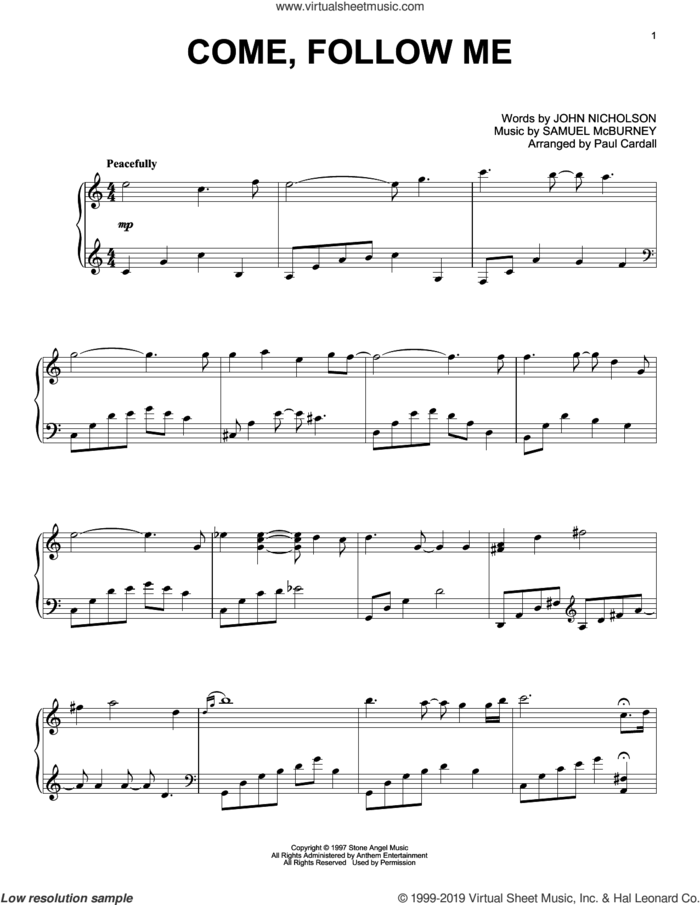 Come, Follow Me (arr. Paul Cardall) sheet music for piano solo by Samuel McBurney, Paul Cardall and John Nicholson, intermediate skill level