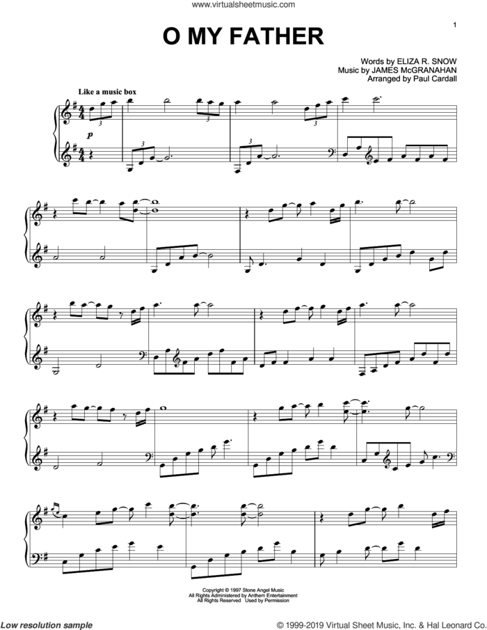 O My Father (arr. Paul Cardall) sheet music for piano solo by James McGranahan, Paul Cardall and Eliza R. Snow, intermediate skill level
