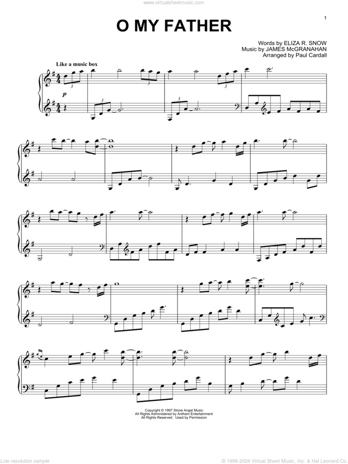 O My Father (arr. Paul Cardall) sheet music for piano solo by James McGranahan, Paul Cardall and Eliza R. Snow, intermediate skill level