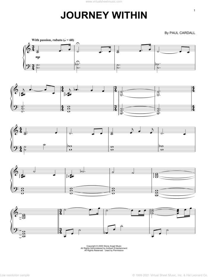 Journey Within sheet music for piano solo by Paul Cardall, intermediate skill level