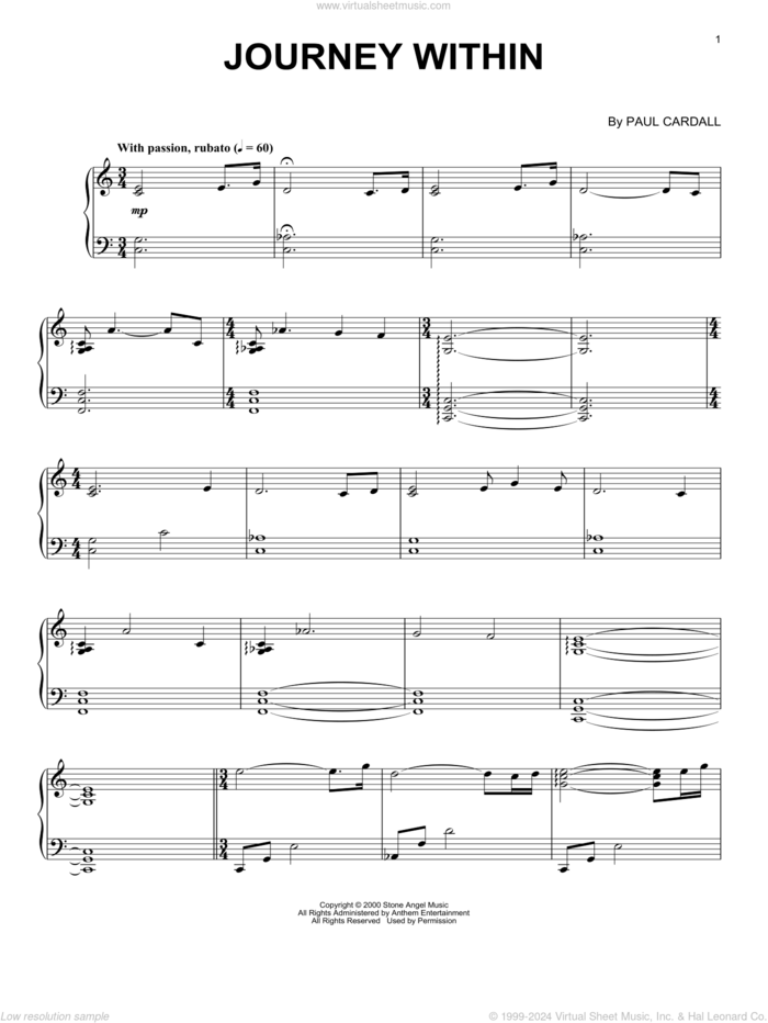 Journey Within sheet music for piano solo by Paul Cardall, intermediate skill level