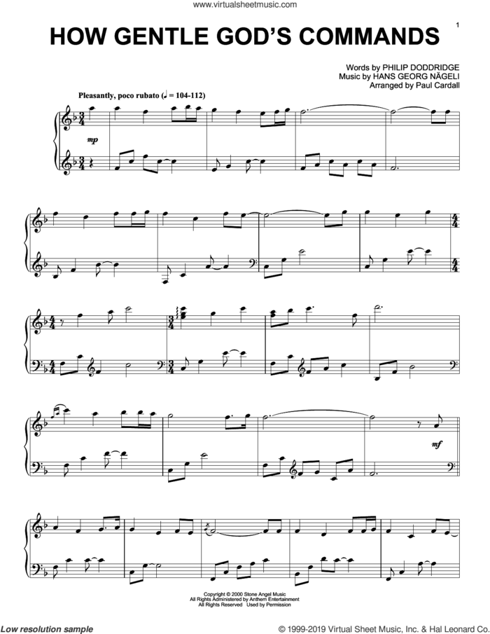 How Gentle God's Commands (arr. Paul Cardall) sheet music for piano solo by Hans Georg Nageli, Paul Cardall and Philip Doddridge, intermediate skill level