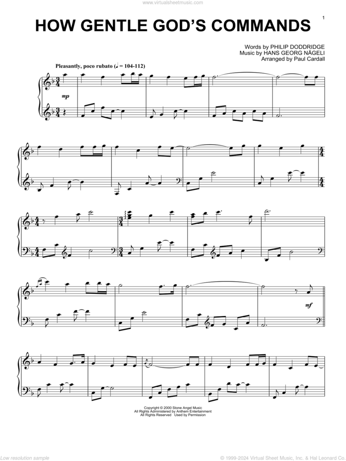 How Gentle God's Commands (arr. Paul Cardall) sheet music for piano solo by Hans Georg Nageli, Paul Cardall and Philip Doddridge, intermediate skill level