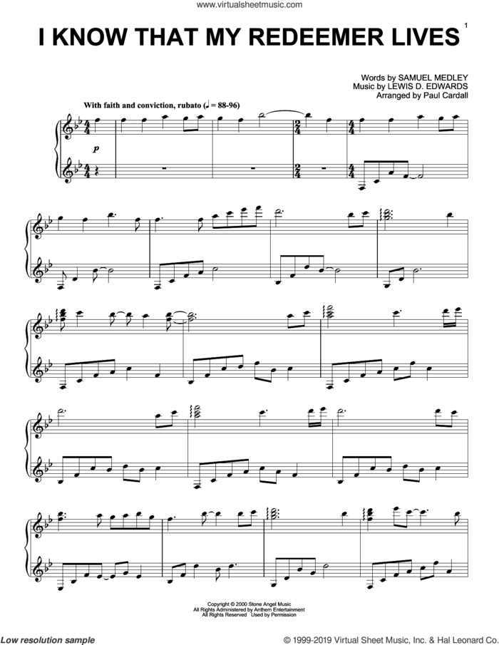 I Know That My Redeemer Lives (arr. Paul Cardall) sheet music for piano solo by Samuel Medley, Paul Cardall and Lewis D. Edwards, intermediate skill level