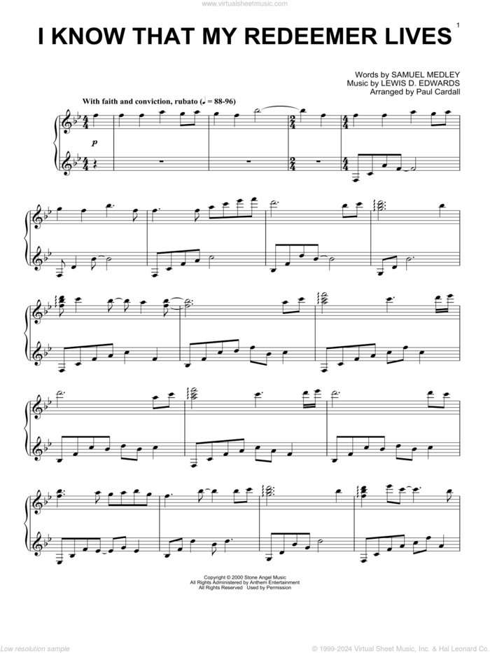 I Know That My Redeemer Lives (arr. Paul Cardall) sheet music for piano solo by Samuel Medley, Paul Cardall and Lewis D. Edwards, intermediate skill level