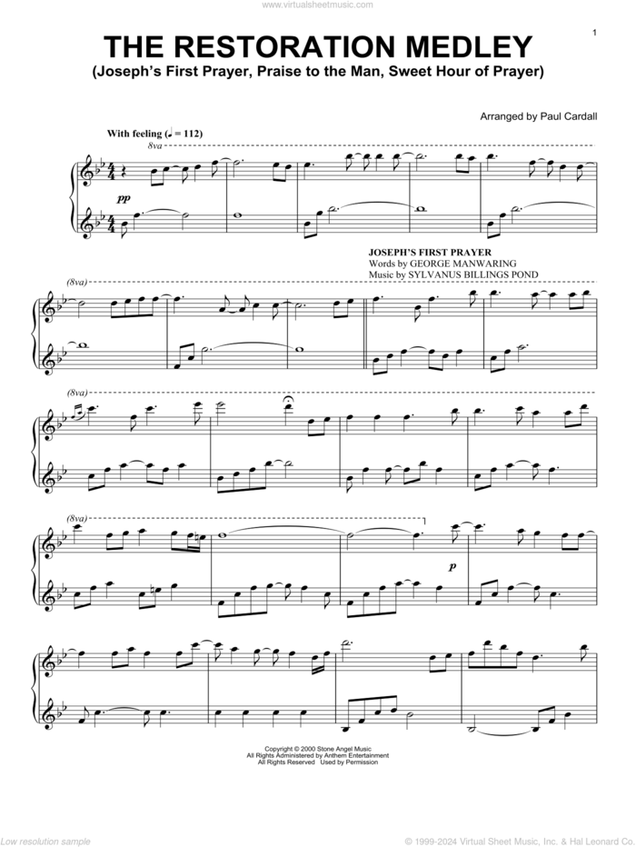 The Restoration Medley (Joseph's First Prayer, Praise To The Man, Sweet Hour Of Prayer) sheet music for piano solo by William B. Bradbury, Paul Cardall, Scottish Folk Song and Sylvanus Billings Pond, intermediate skill level