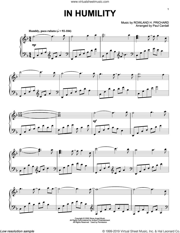 In Humility (arr. Paul Cardall) sheet music for piano solo by Rowland Prichard and Paul Cardall, intermediate skill level