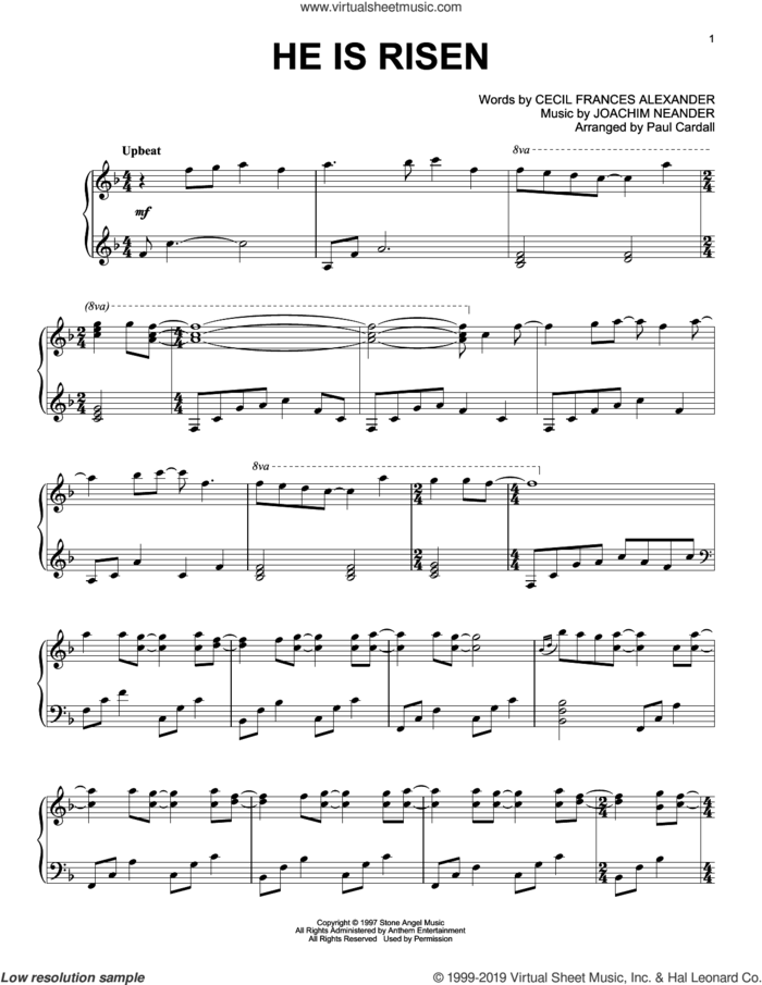 He Is Risen (arr. Paul Cardall) sheet music for piano solo by Joachim Neander, Paul Cardall and Cecil Alexander, intermediate skill level