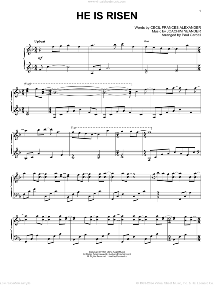 He Is Risen (arr. Paul Cardall) sheet music for piano solo by Joachim Neander, Paul Cardall and Cecil Alexander, intermediate skill level