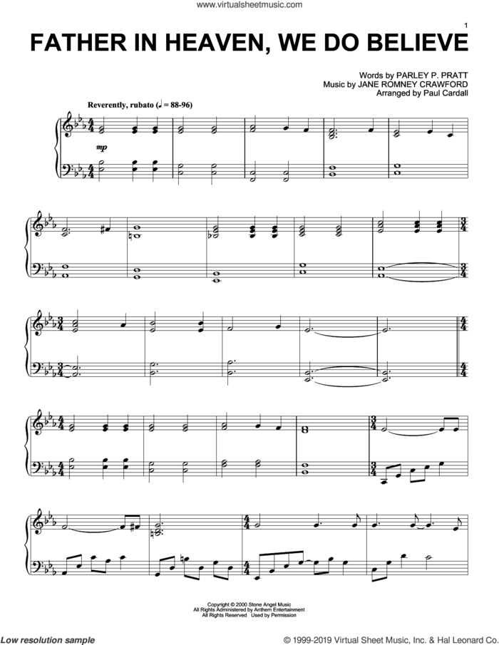 Father In Heaven, We Do Believe (arr. Paul Cardall) sheet music for piano solo by Jane Romney Crawford, Paul Cardall and Parley P. Pratt, intermediate skill level