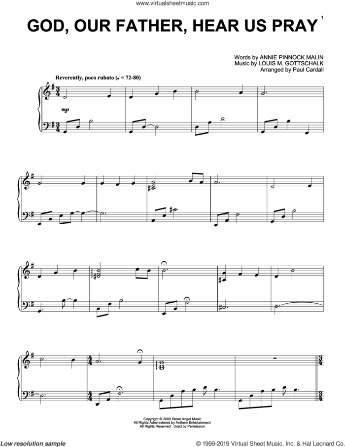 God, Our Father, Hear Us Pray (arr. Paul Cardall) sheet music for piano solo by Louis M. Gottschalk, Paul Cardall and Annie Pinnock Malin, intermediate skill level
