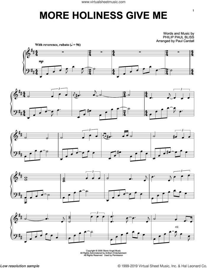 More Holiness Give Me (arr. Paul Cardall) sheet music for piano solo by Philip Paul Bliss and Paul Cardall, intermediate skill level