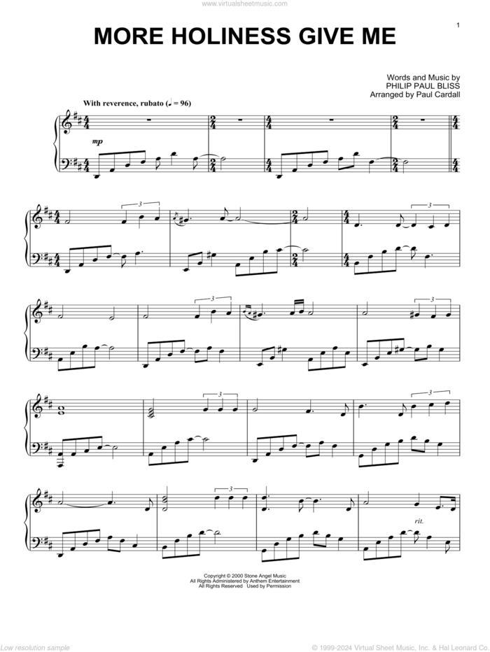 More Holiness Give Me (arr. Paul Cardall) sheet music for piano solo by Philip Paul Bliss and Paul Cardall, intermediate skill level