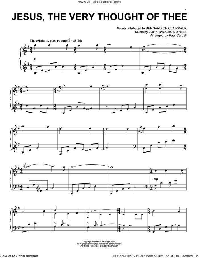 Jesus, The Very Thought Of Thee (arr. Paul Cardall) sheet music for piano solo by John Bacchus Dykes, Paul Cardall and Bernard of Clairvaux, intermediate skill level