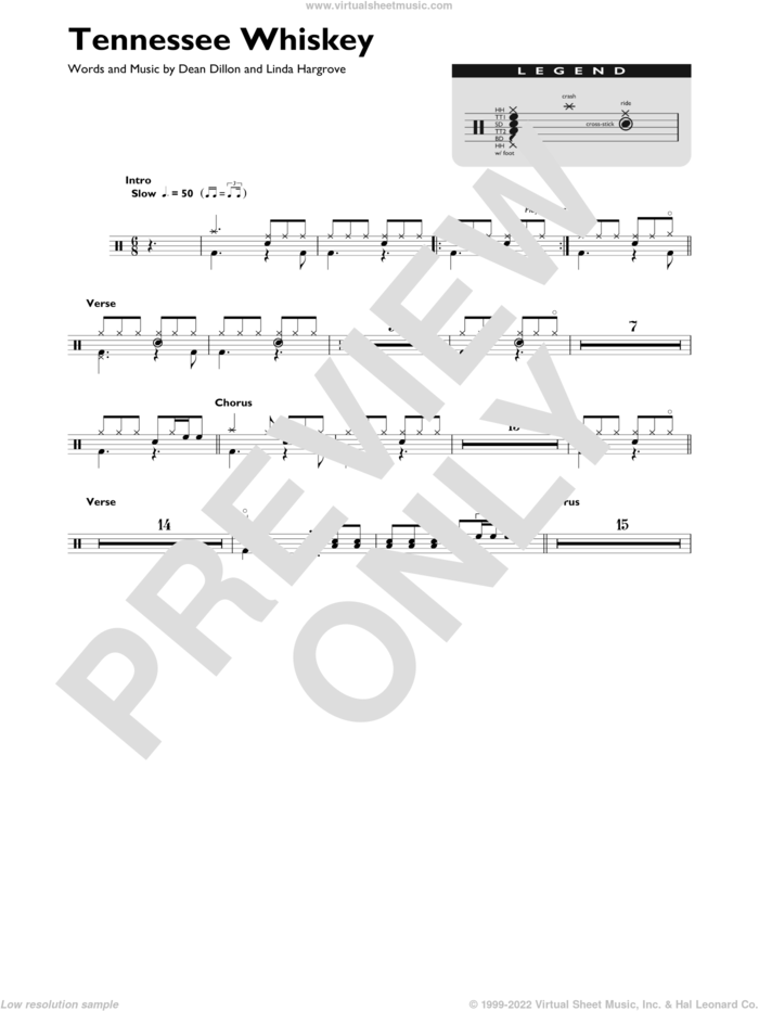 Tennessee Whiskey sheet music for drums (percussions) by Chris Stapleton, Dean Dillon and Linda Hargrove, intermediate skill level