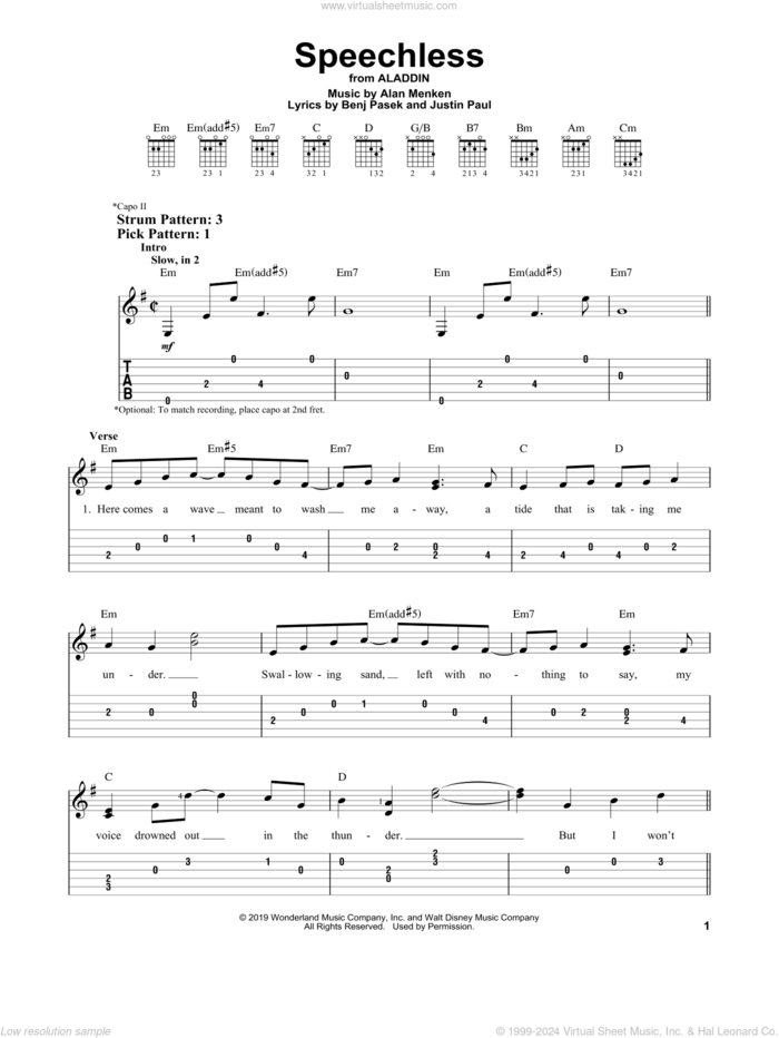 Speechless (from Disney's Aladdin) sheet music for guitar solo (easy tablature) by Naomi Scott, Alan Menken, Benj Pasek and Justin Paul, easy guitar (easy tablature)