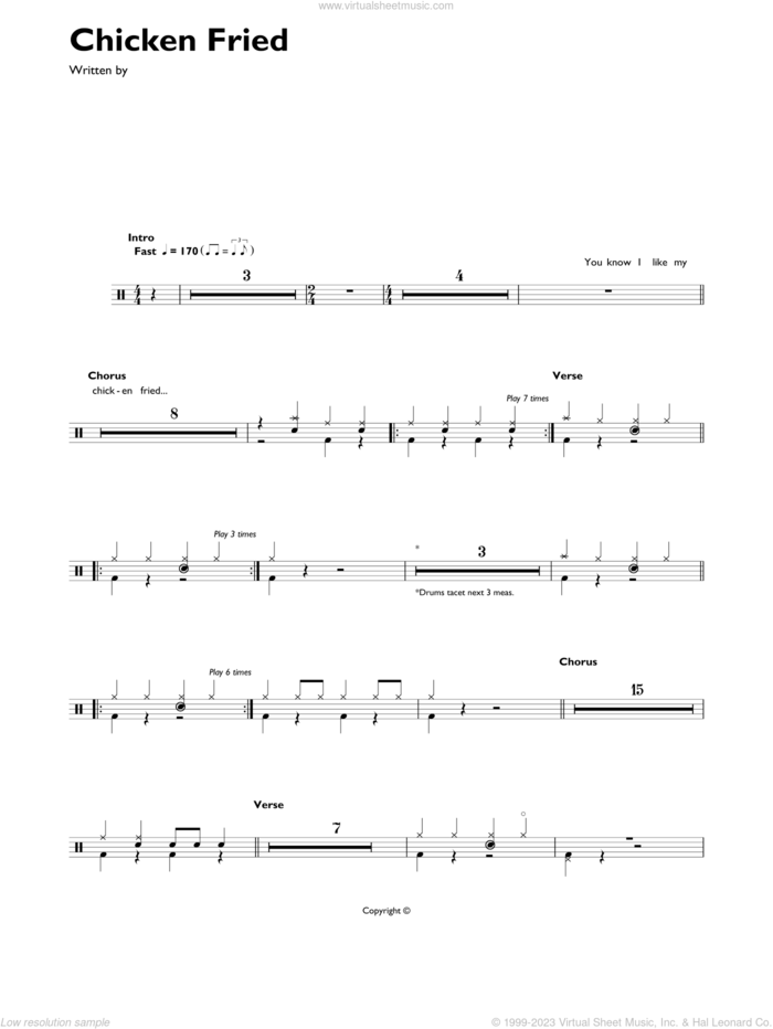 Chicken Fried sheet music for drums (percussions) by Zac Brown Band, Wyatt Durrette and Zac Brown, intermediate skill level