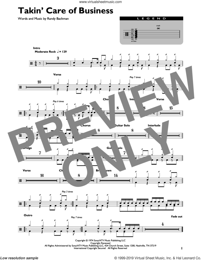 Takin' Care Of Business sheet music for drums (percussions) by Bachman-Turner Overdrive and Randy Bachman, intermediate skill level