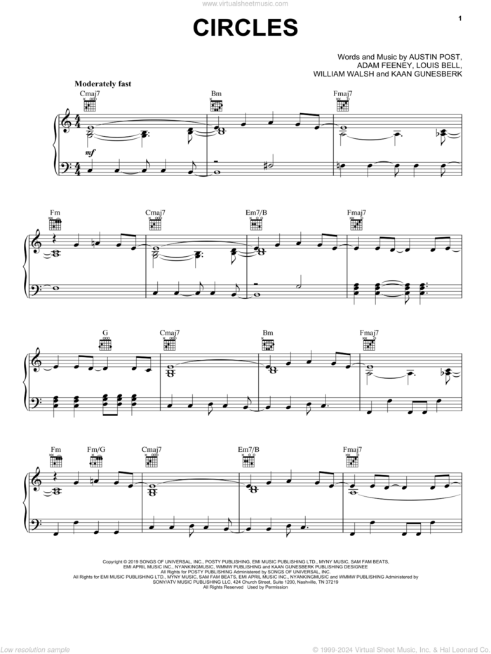 Circles sheet music for voice, piano or guitar by Post Malone, Adam Feeney, Austin Post, Kaan Gunesberk, Louis Bell and William Walsh, intermediate skill level