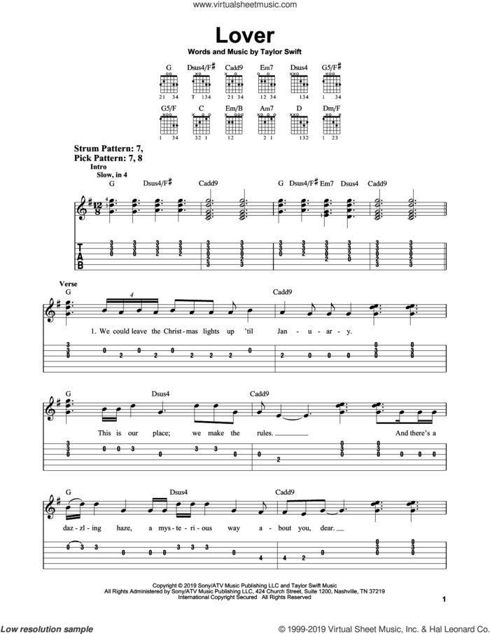 Lover sheet music for guitar solo (easy tablature) by Taylor Swift, easy guitar (easy tablature)