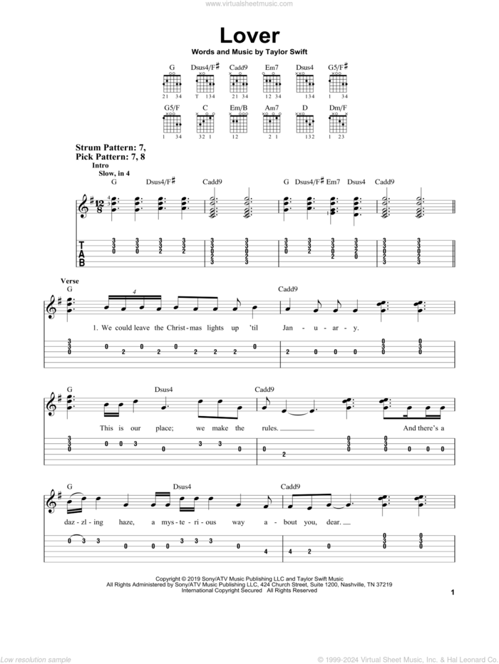 Lover sheet music for guitar solo (easy tablature) by Taylor Swift, easy guitar (easy tablature)