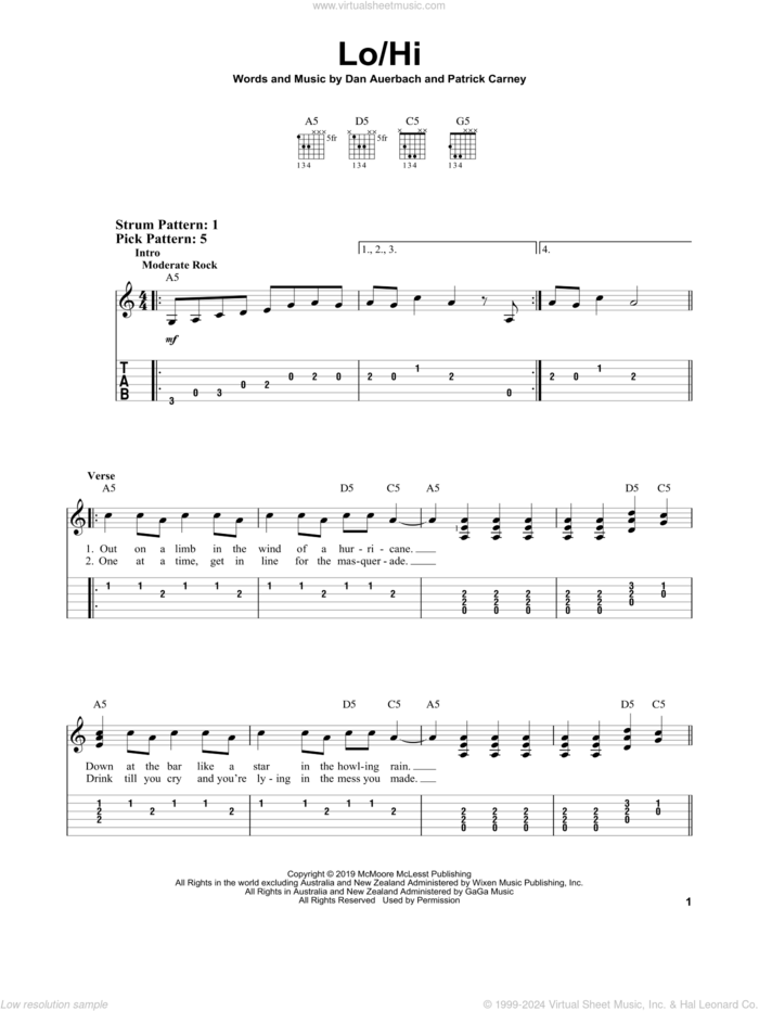 Lo/Hi sheet music for guitar solo (easy tablature) by The Black Keys, Daniel Auerbach and Patrick Carney, easy guitar (easy tablature)