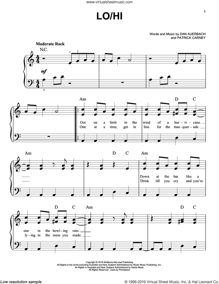 Lo/Hi sheet music for piano solo by The Black Keys, Daniel Auerbach and Patrick Carney, easy skill level