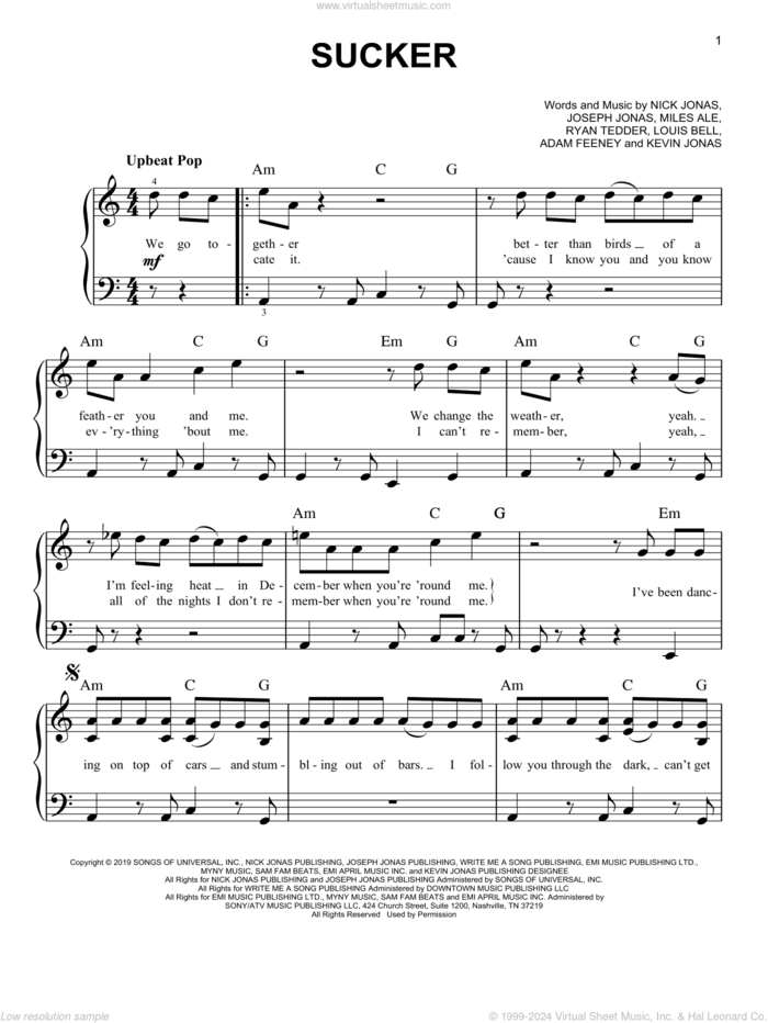 Sucker, (easy) sheet music for piano solo by Jonas Brothers, Adam Feeney, Carl Rosen, Joseph Jonas, Kevin Jonas, Louis Bell, Nick Jonas and Ryan Tedder, easy skill level