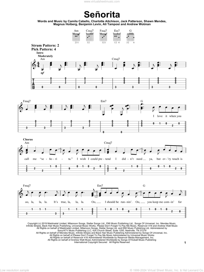 Senorita sheet music for guitar solo (easy tablature) by Shawn Mendes & Camila Cabello, Ali Tamposi, Andrew Wotman, Benjamin Levin, Camila Cabello, Charlotte Aitchison, Jack Patterson, Magnus Hoiberg and Shawn Mendes, easy guitar (easy tablature)