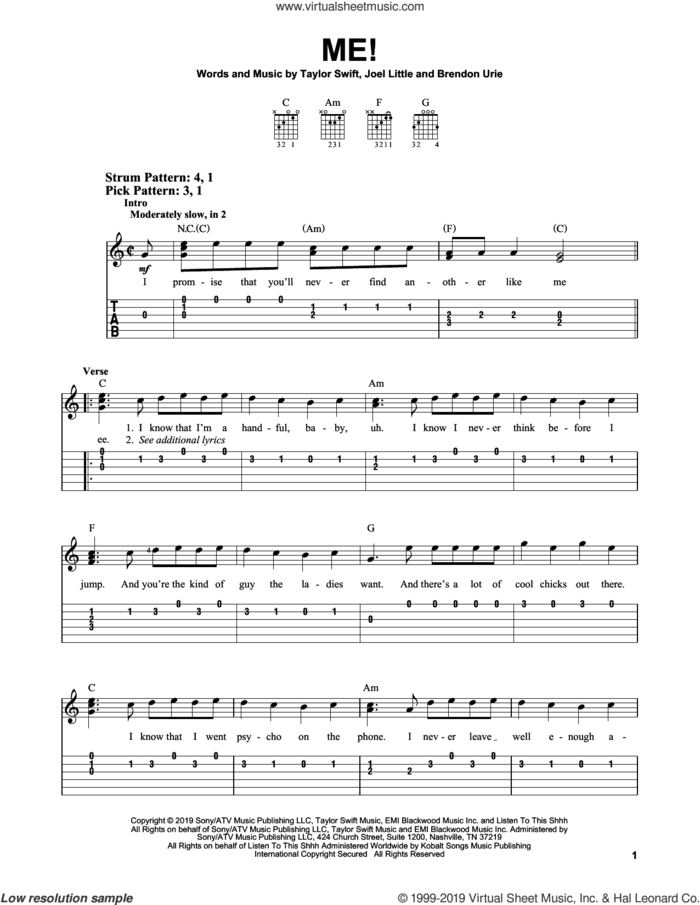 ME! (feat. Brendon Urie of Panic! At The Disco) sheet music for guitar solo (easy tablature) by Taylor Swift, Brendon Urie and Joel Little, easy guitar (easy tablature)