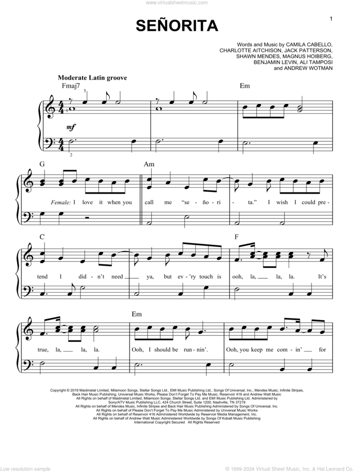 Senorita, (easy) sheet music for piano solo by Shawn Mendes & Camila Cabello, Ali Tamposi, Andrew Wotman, Benjamin Levin, Camila Cabello, Charlotte Aitchison, Jack Patterson, Magnus Hoiberg and Shawn Mendes, easy skill level