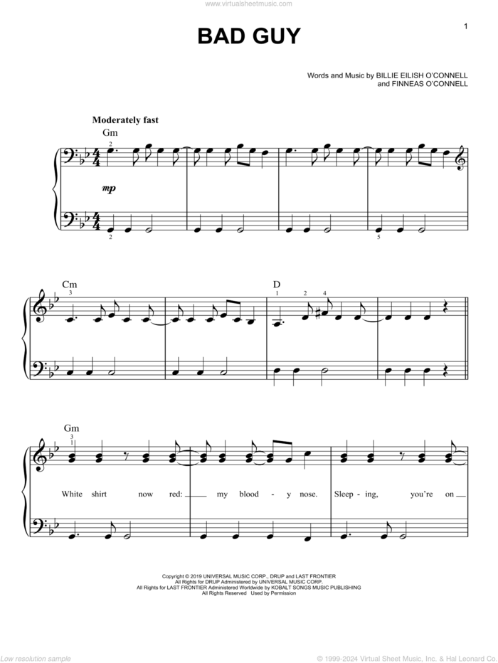 bad guy, (easy) sheet music for piano solo by Billie Eilish, easy skill level