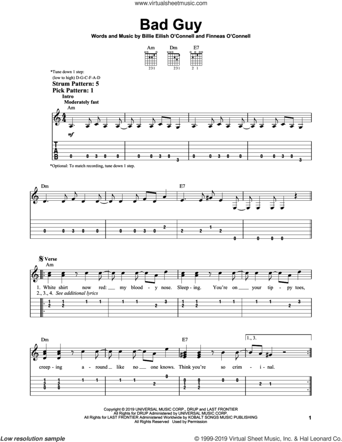 bad guy sheet music for guitar solo (easy tablature) by Billie Eilish, easy guitar (easy tablature)