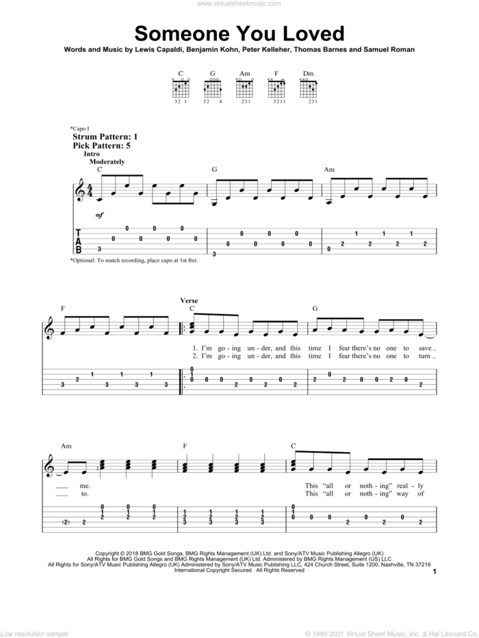 Someone You Loved sheet music for guitar solo (easy tablature) by Lewis Capaldi, Benjamin Kohn, Peter Kelleher, Samuel Roman and Thomas Barnes, easy guitar (easy tablature)