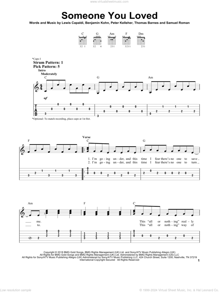 Someone You Loved sheet music for guitar solo (easy tablature) by Lewis Capaldi, Benjamin Kohn, Peter Kelleher, Samuel Roman and Thomas Barnes, easy guitar (easy tablature)