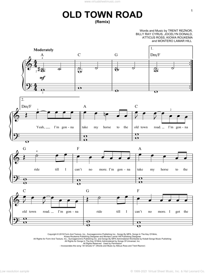 Old Town Road (Remix), (easy) sheet music for piano solo by Lil Nas X feat. Billy Ray Cyrus, Atticus Ross, Billy Ray Cyrus, Jocelyn Donald, Kiowa Roukema, Montero Lamar Hill and Trent Reznor, easy skill level