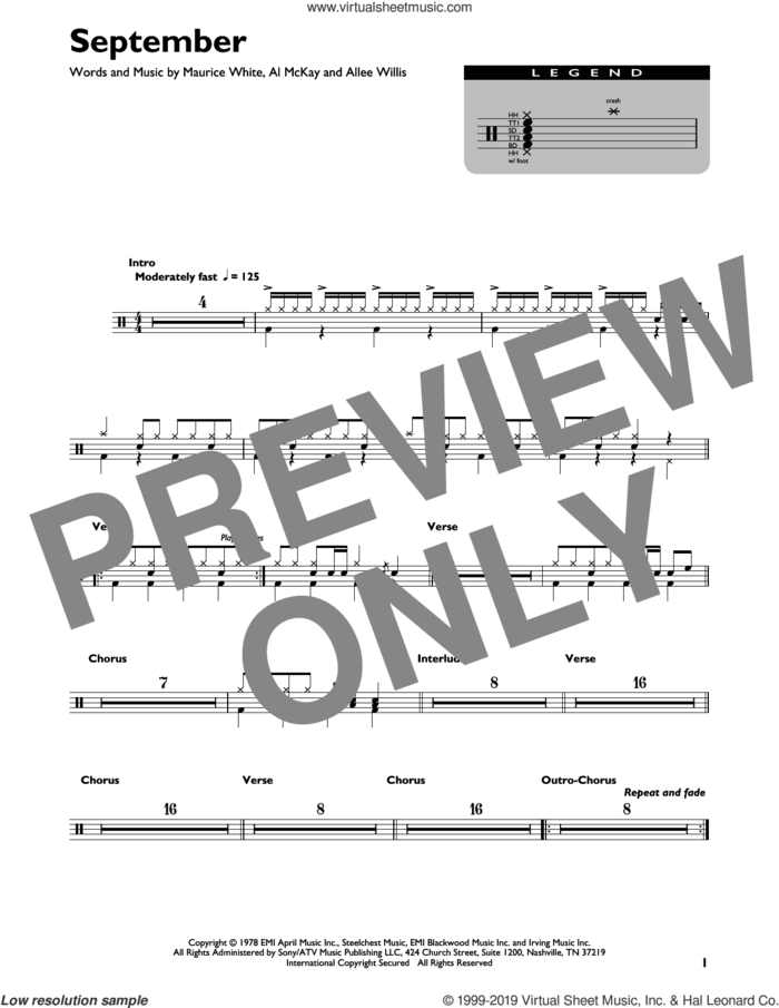 September sheet music for drums (percussions) by Earth, Wind & Fire, Al McKay, Allee Willis and Maurice White, intermediate skill level